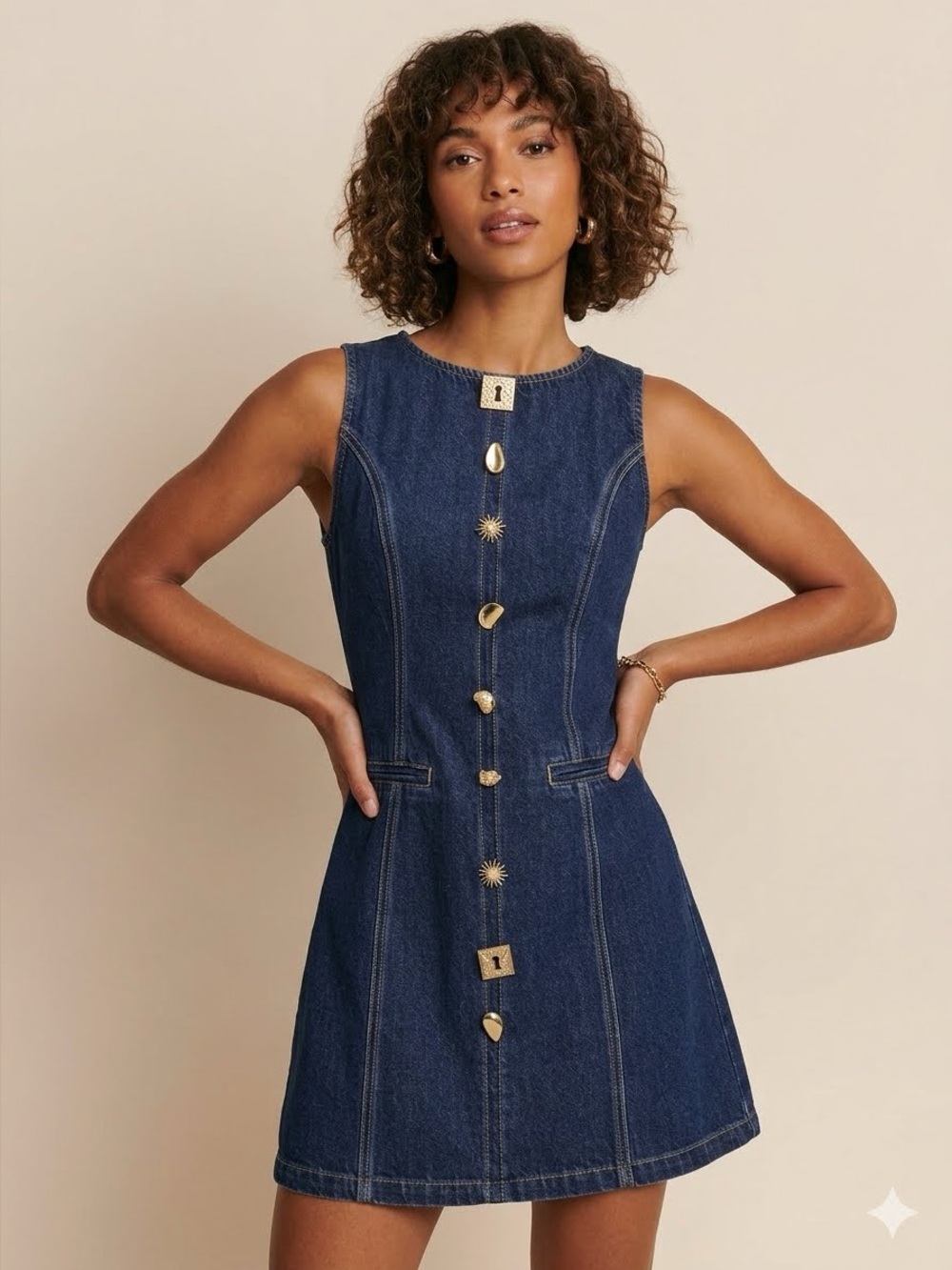 Commense Metal Detail Denim Sleeveless Mini Dress NWT